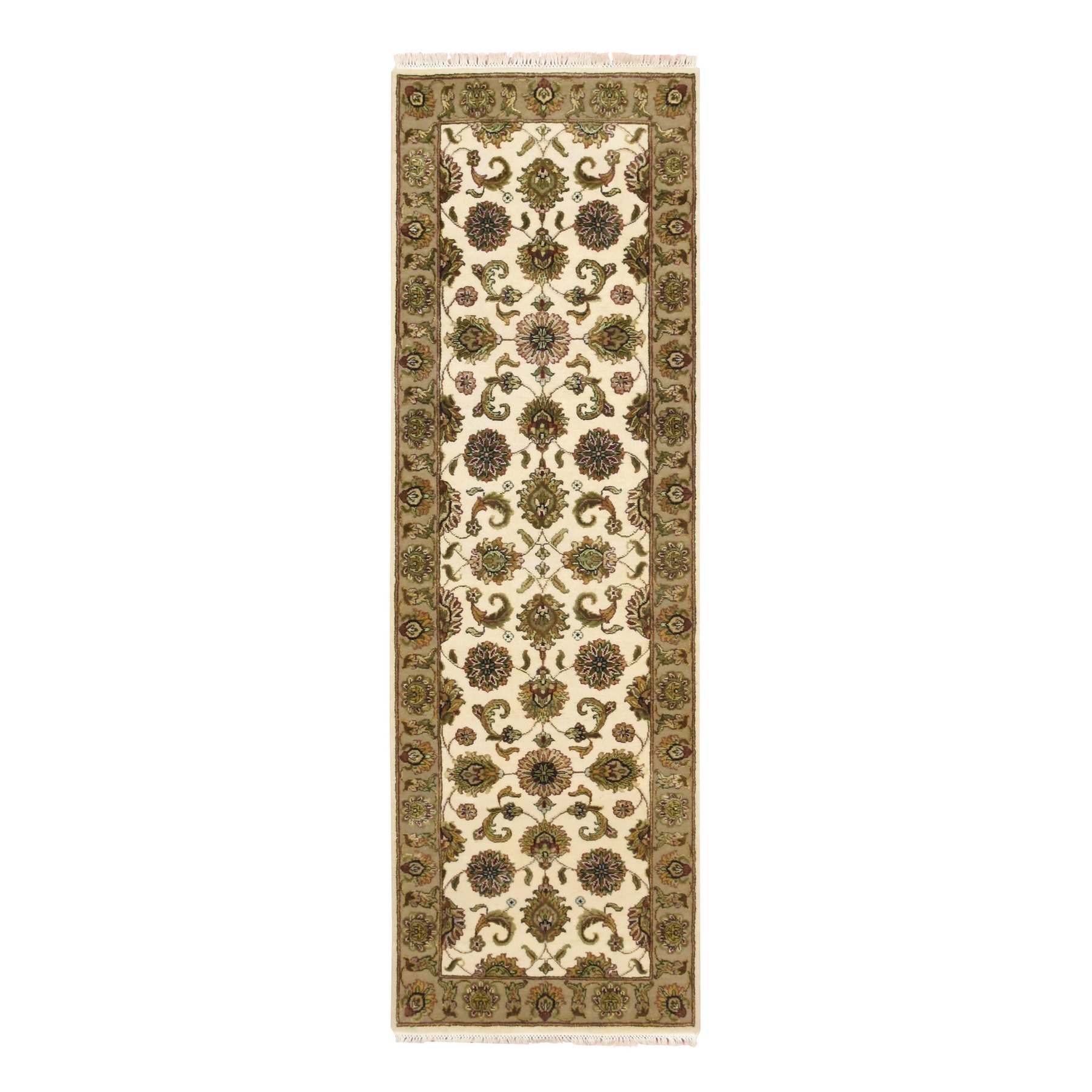 Alabaster White, Rajasthan with All Over Leaf Design, Hand Knotted, Wool and Silk, Soft Pile, Thick and Plush, Runner, Oriental Rug